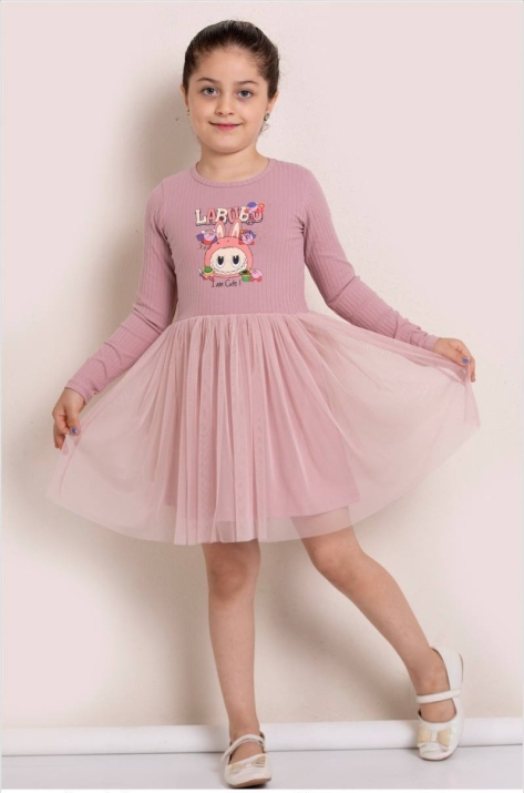 Детска рокля с дълъг ръкав Labubu, цвят пудра