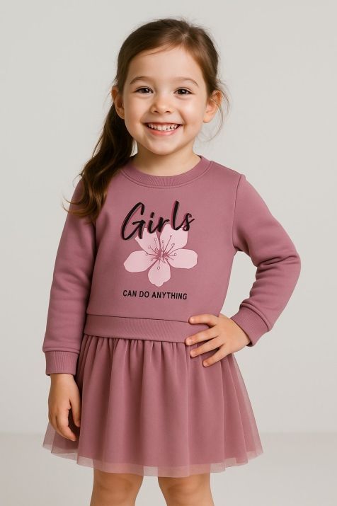 Детска рокля с дълъг ръкав, цвят пудра