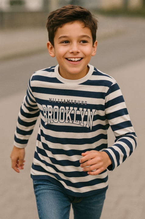 Детска блуза момче дълъг ръкав, бяло и синьо  райе