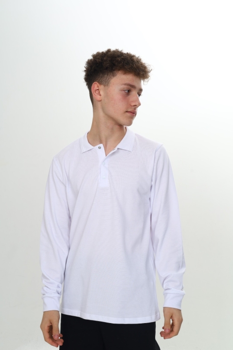 Детска блуза за момче с дълъг ръкав и якичка, бял цвят   