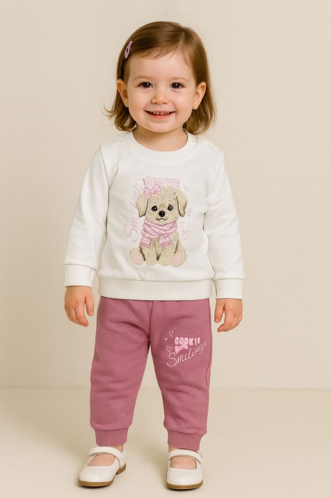 Детски комплект за момиче с дълъг ръкав, цвят екрю
