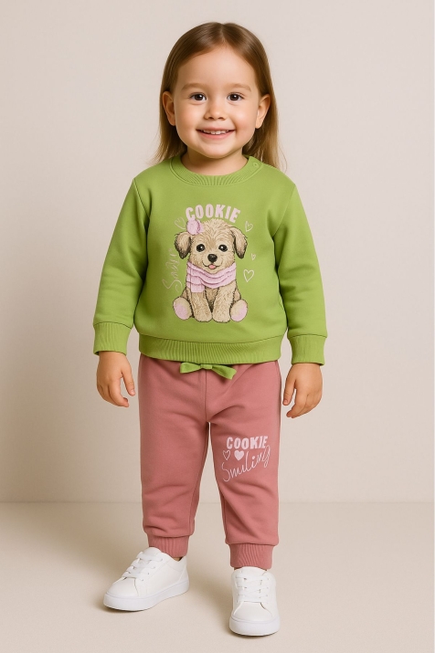 Детски комплект за момиче с дълъг ръкав, зелен цвят