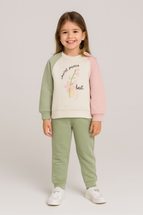Детски ватиран комплект за момиче с дълъг ръкав, зелен цвят