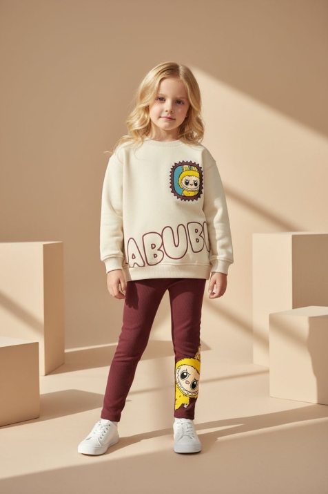 Детски комплект за момиче с дълъг ръкав, цвят бежов