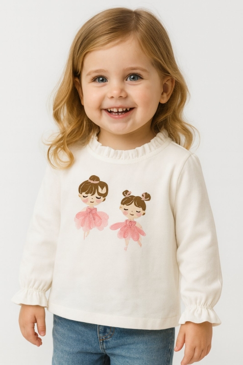 Детска блуза момиче дълъг ръкав, цвят екрю