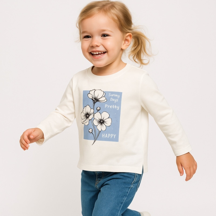 Детска блуза момиче дълъг ръкав, цвят екрю 