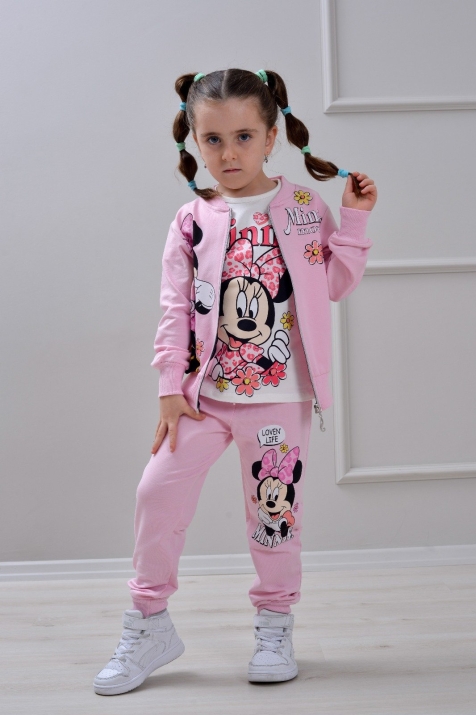 Детски комплект за момиче с дълъг ръкав 3 части, розов цвят
