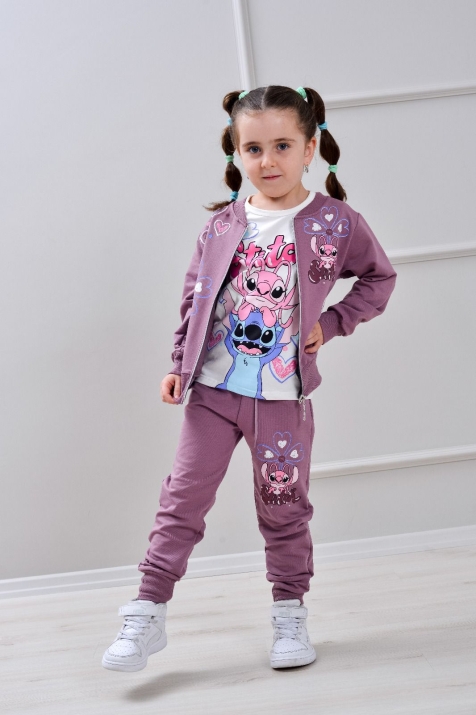 Детски комплект за момиче с дълъг ръкав 3 части, тъмно лилав цвят