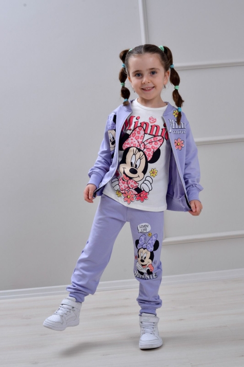 Детски комплект за момиче с дълъг ръкав 3 части, лилав цвят