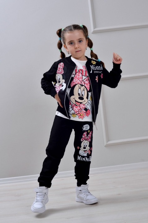 Детски комплект за момиче с дълъг ръкав 3 части, черен цвят