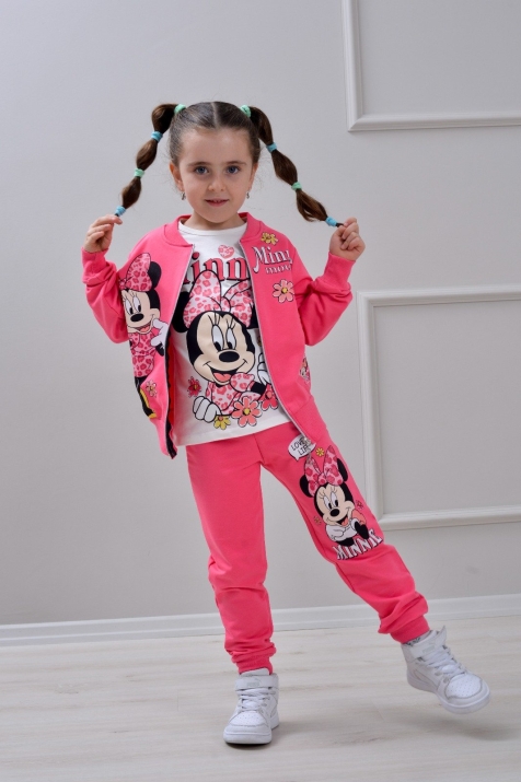 Детски комплект за момиче с дълъг ръкав 3 части, цвят циклама