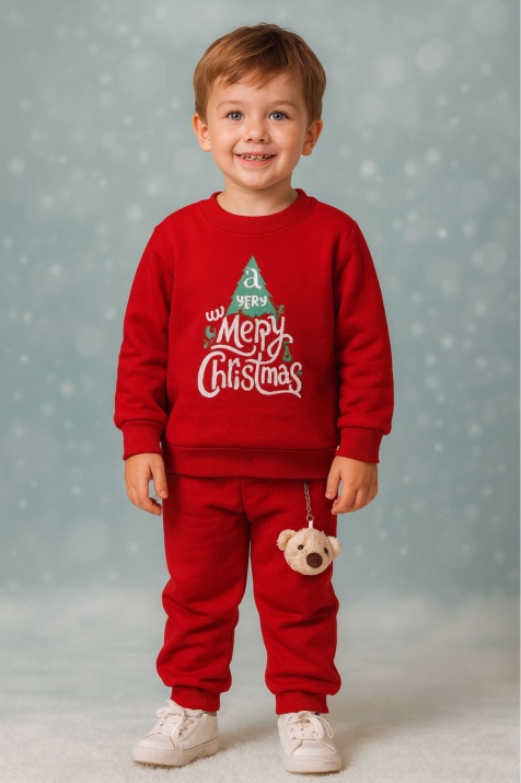 Детски комплект с дълъг ръкав Коледа, червен цвят