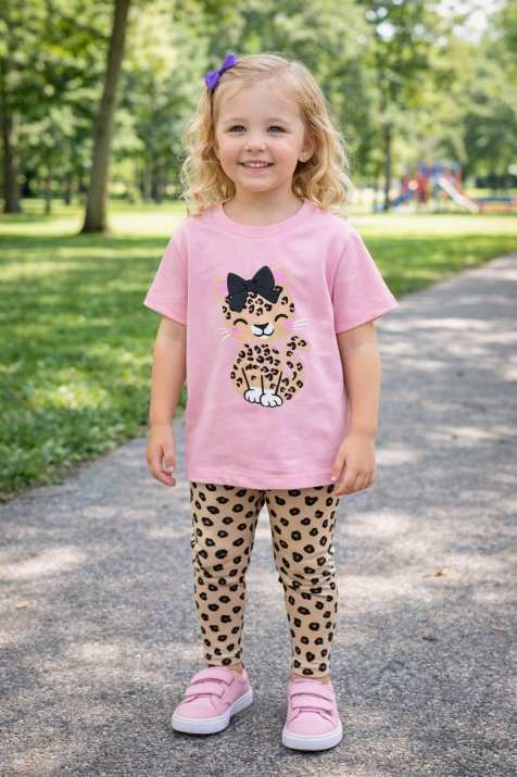 Детски комплект за момиче с къс ръкав, розов цвят