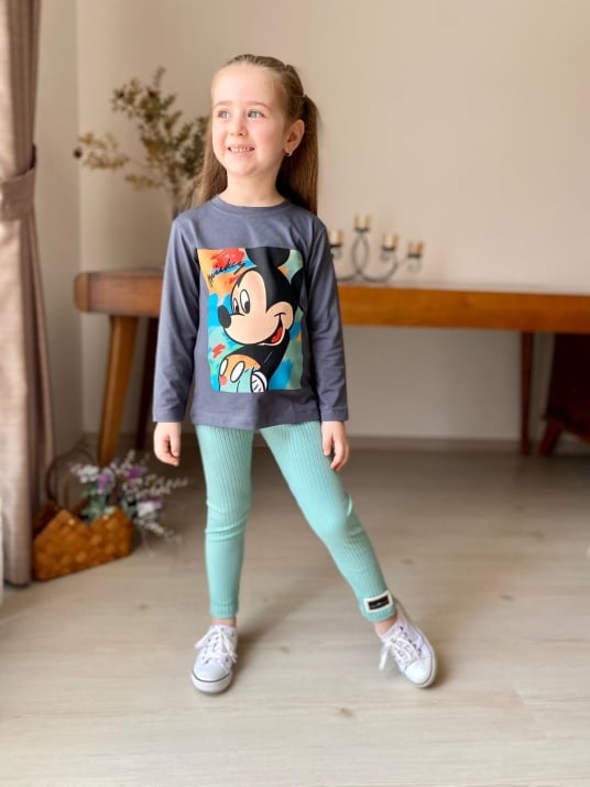 Детски комплект момиче дълъг ръкав Мики Маус , зелен цвят