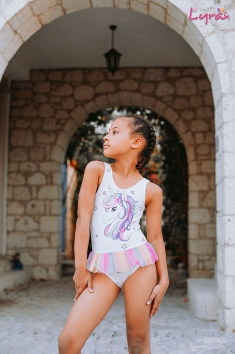 Цял детски бански за момиче Еднорог, бял цвят