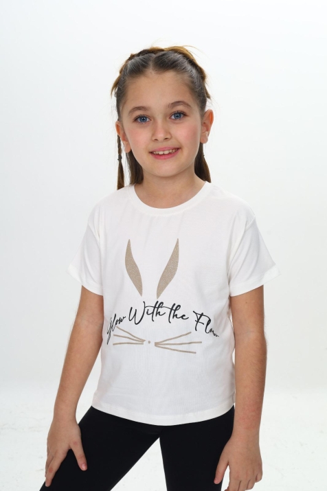 Детска тениска момиче, цвят екрю