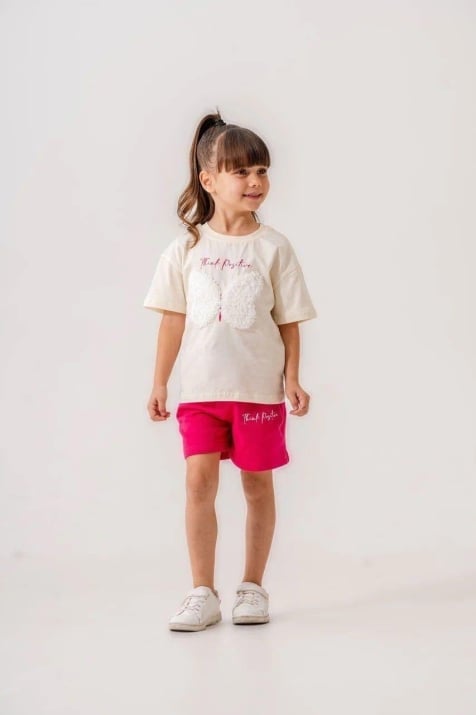 Детски комплект за момиче с къс ръкав, розов цвят