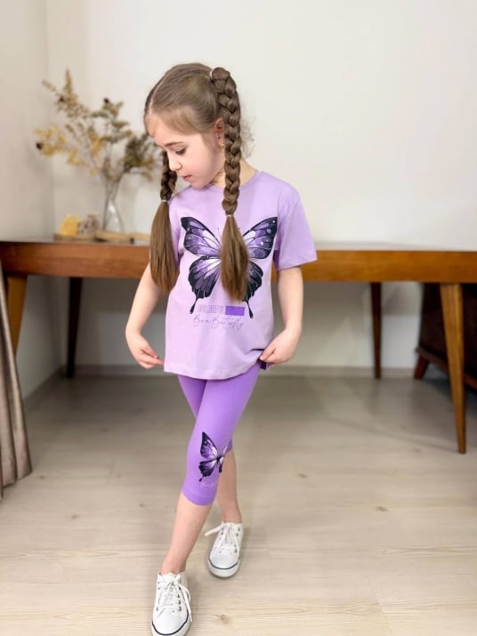 Детски комплект за момиче с къс ръкав, лилав цвят