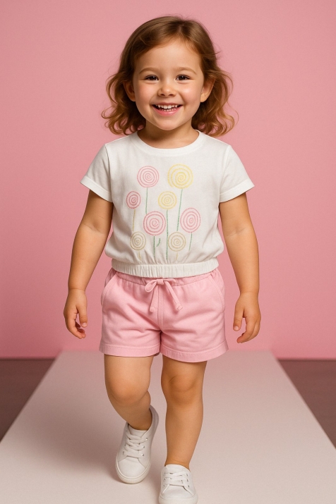 Детски комплект момиче къс ръкав, розов цвят