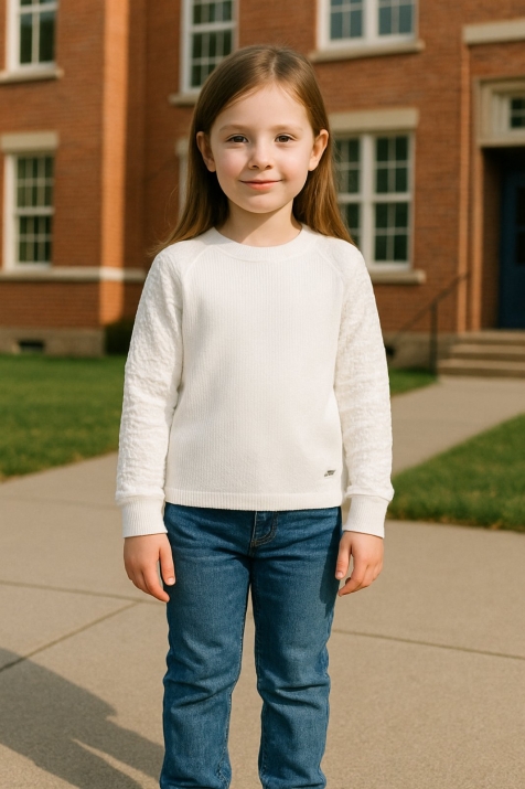 Детска блуза за момиче дълъг ръкав, цвят екрю