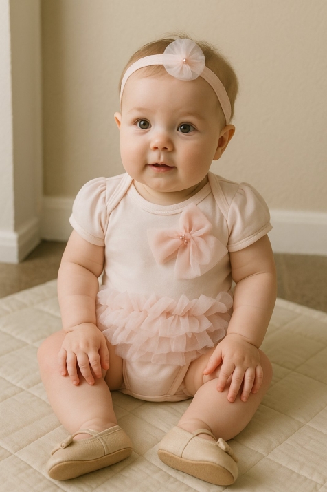 Бебешко боди с къс ръкав с лента, розов цвят