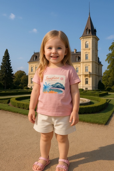 Детски комплект момиче къс ръкав, розов цвят