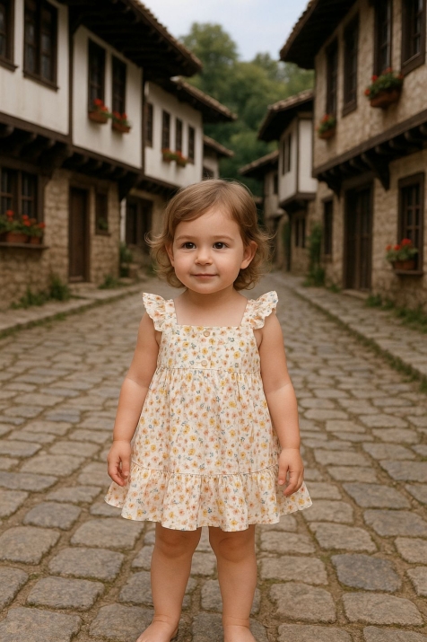 Детска рокля без ръкав на цветя, оранжев цвят