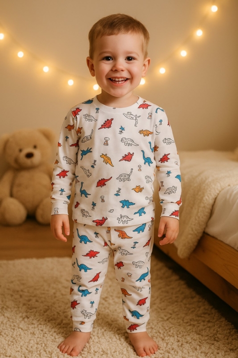 Детска пижама  за момче дълъг ръкав,в  цвят екрю