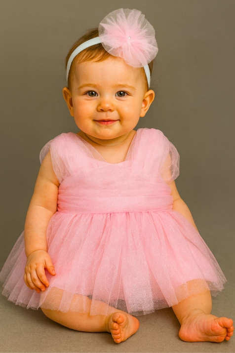 Бебешка официална рокля с лента, розов цвят