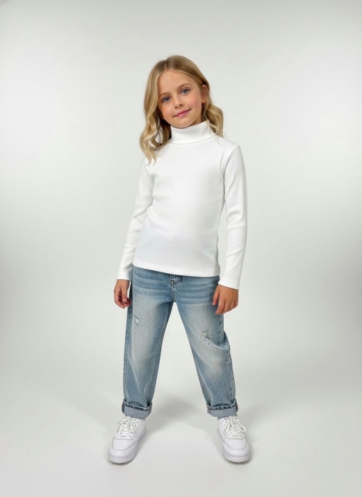 Детска блуза момиче дълъг ръкав поло, цвят екрю