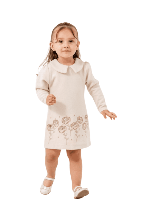 Детска рокля дълъг ръкав, цвят екрю