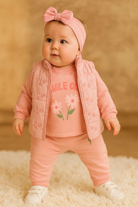 Детски комплект за момиче с дълъг ръкав 3 части, розов цвят  