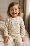 Детска пижама за момиче с дълъг ръкав, цвят екрю