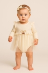 Бебешка боди-рокля с дълъг ръкав, бежов цвят