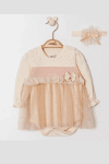Бебешка боди-рокля с дълъг ръкав, бежов цвят 