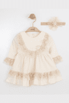 Бебешка рокля дълъг ръкав с лента за глава, бежов цвят