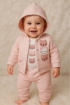 Бебешки комплект за момиче с дълъг ръкав 3 части, розов цвят