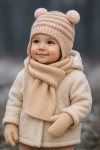 Детски комплект за момиче шал, шапка и ръкаици, бежов цвят