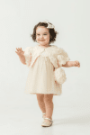 Бебешка официална рокля без ръкав с болеро и чантичка, цвят екрю