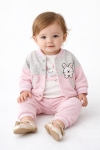 Бебешки комплект за момиче дълъг ръкав 3 части, розов цвят