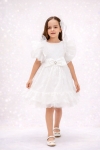 Детска официална рокля с къс ръкав и фиба, бял цвят  