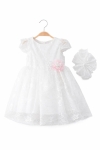 Детска официална рокля с къс ръкав и лента за глава, бял цвят   