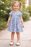 Детска рокля с къс ръкав на цветя, шарен цвят