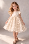 Детска официална рокля с къс ръкав, бежов цвят 