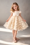 Детска официална рокля с къс ръкав, бежов цвят 