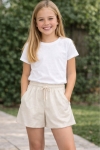 Детски къси панталонки за момиче, цвят екрю
