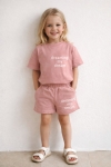 Детски комплект за момиче с къс ръкав, тъмно розов цвят 