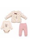 Бебешки комплект за момиче с дълъг ръкав от 3 части, розов цвят 