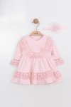 Бебешка рокля дълъг ръкав с лента за глава, светло розов цвят